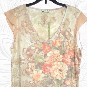 Unity World Wear XL Beige Embellished Floral Short Sleeve Top - NWT